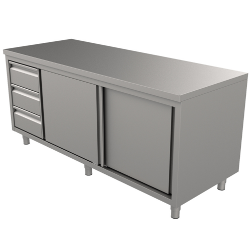  HorecaTraders Work table with 3 drawers and sliding doors | 8 sizes | Drawers on the left 