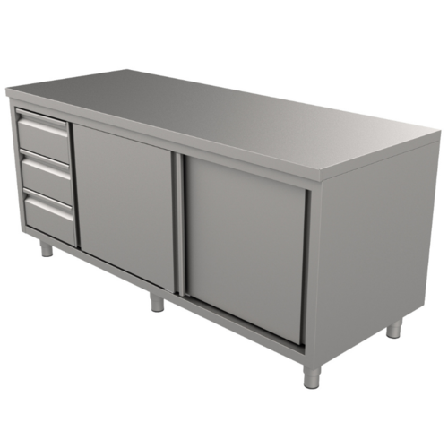  HorecaTraders Work table with 3 drawers and sliding doors| 8 formats | Drawers left 