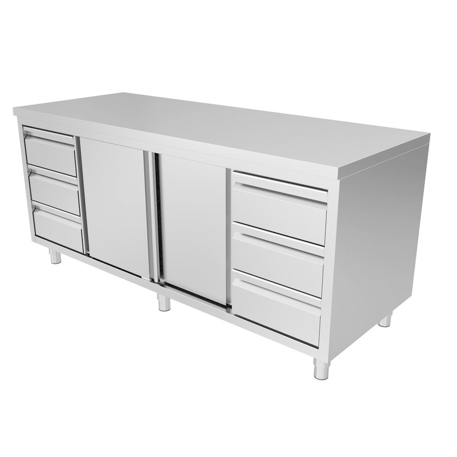 Table de travail avec armoire à tiroirs 3L + 3R avec portes coulissantes