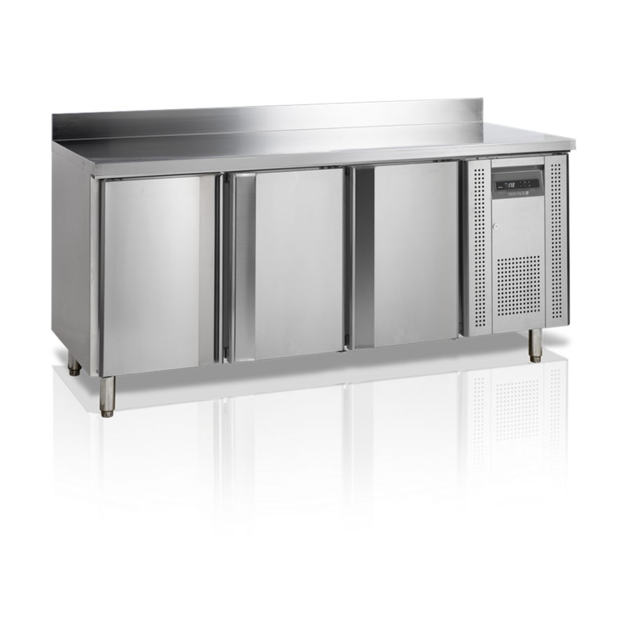 Stainless steel refrigerated workbench with rear wall | 3-door | 180x70x98cm