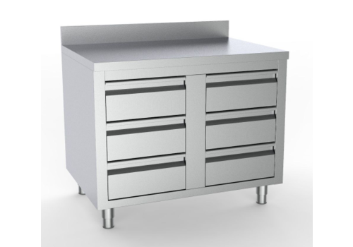  HorecaTraders Table de travail en acier inoxydable avec dosseret | 6 tiroirs | 100 x 70 x 85 cm 