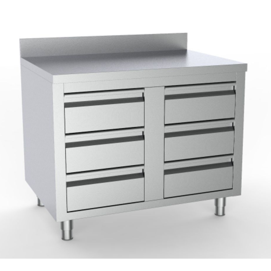 Table de travail en acier inoxydable avec dosseret | 6 tiroirs | 100 x 70 x 85 cm