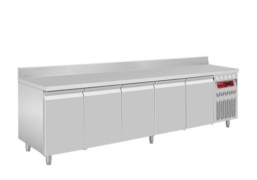  HorecaTraders Établi réfrigéré en acier inoxydable avec dosseret | 5 portes - 263 x 70 x 85/90 cm 