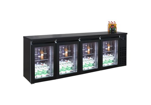  HorecaTraders Glacière de bar en acier inoxydable noir | 4 portes vitrées | 249x55x95(h) cm 