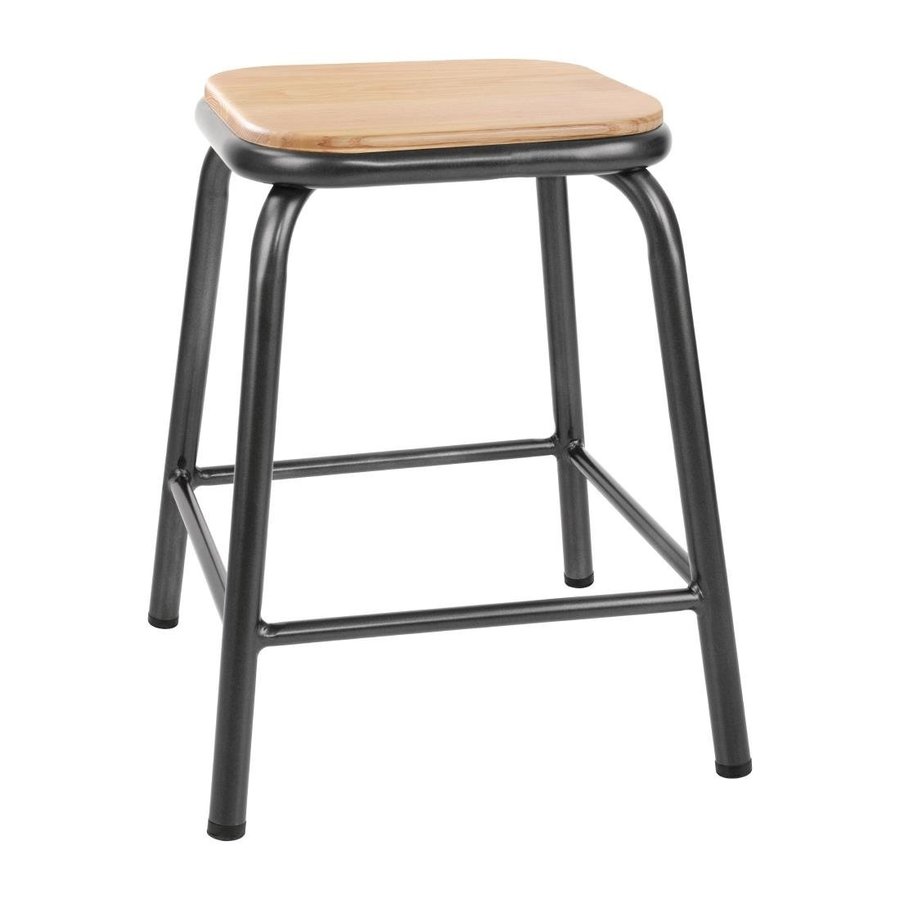Low stool with wooden seat | Metallic gray | 4 pieces