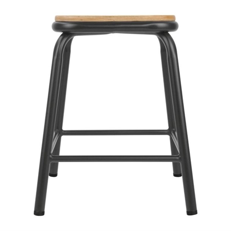 Low stool with wooden seat | Metallic gray | 4 pieces