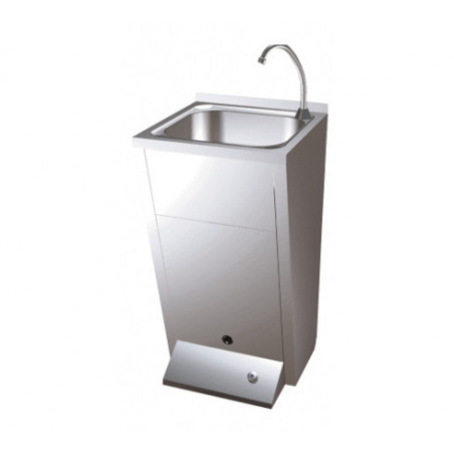 Lavabo en acier inoxydable avec commande au pied et poubelle