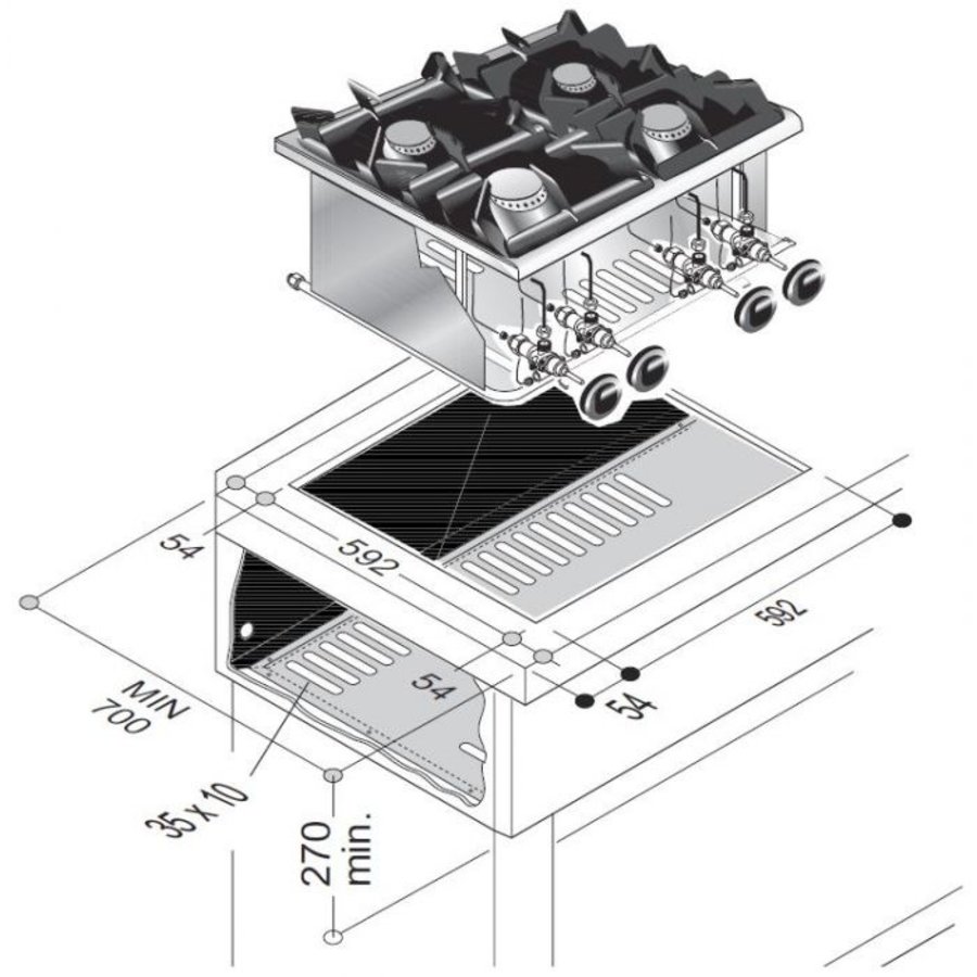 Unité de cuisson à gaz encastrable en acier inoxydable | 4 brûleurs