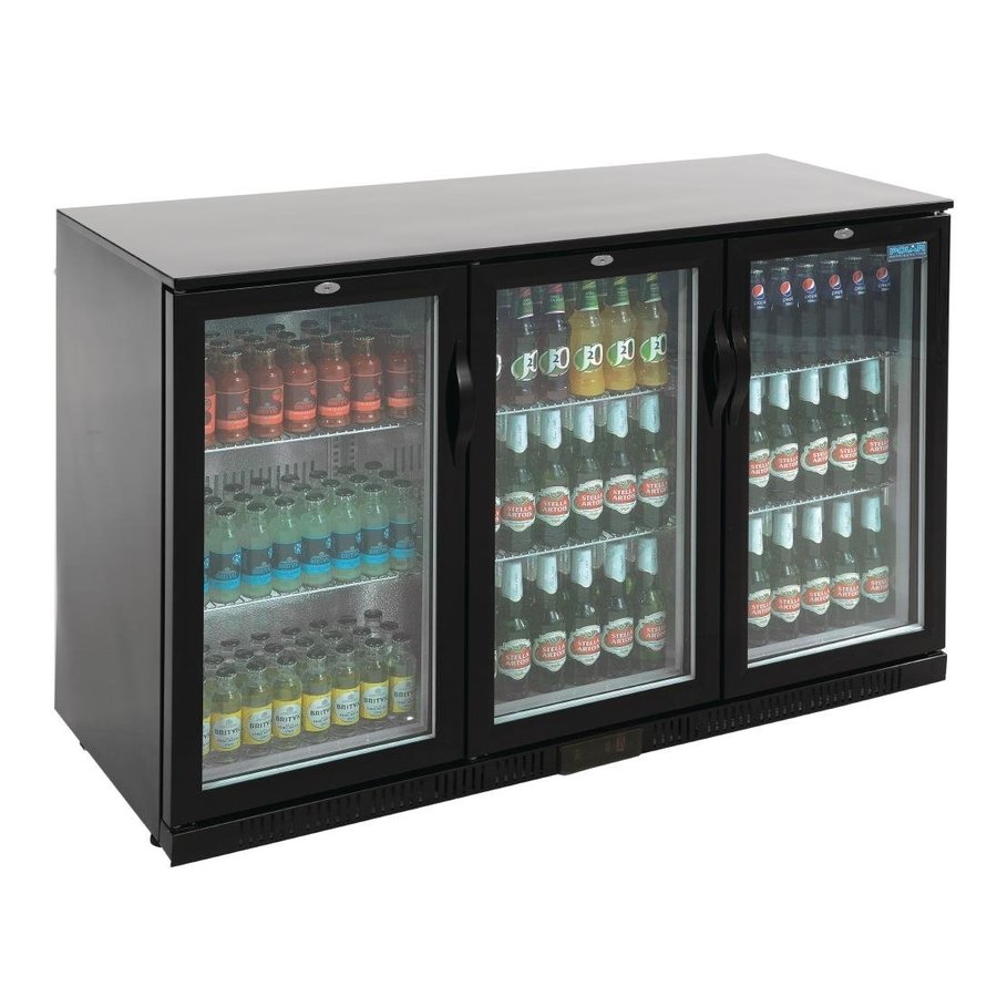Bar réfrigéré à 3 portes avec portes battantes | Noir | 330L | 90(h) x 135(l) x 52(p)cm