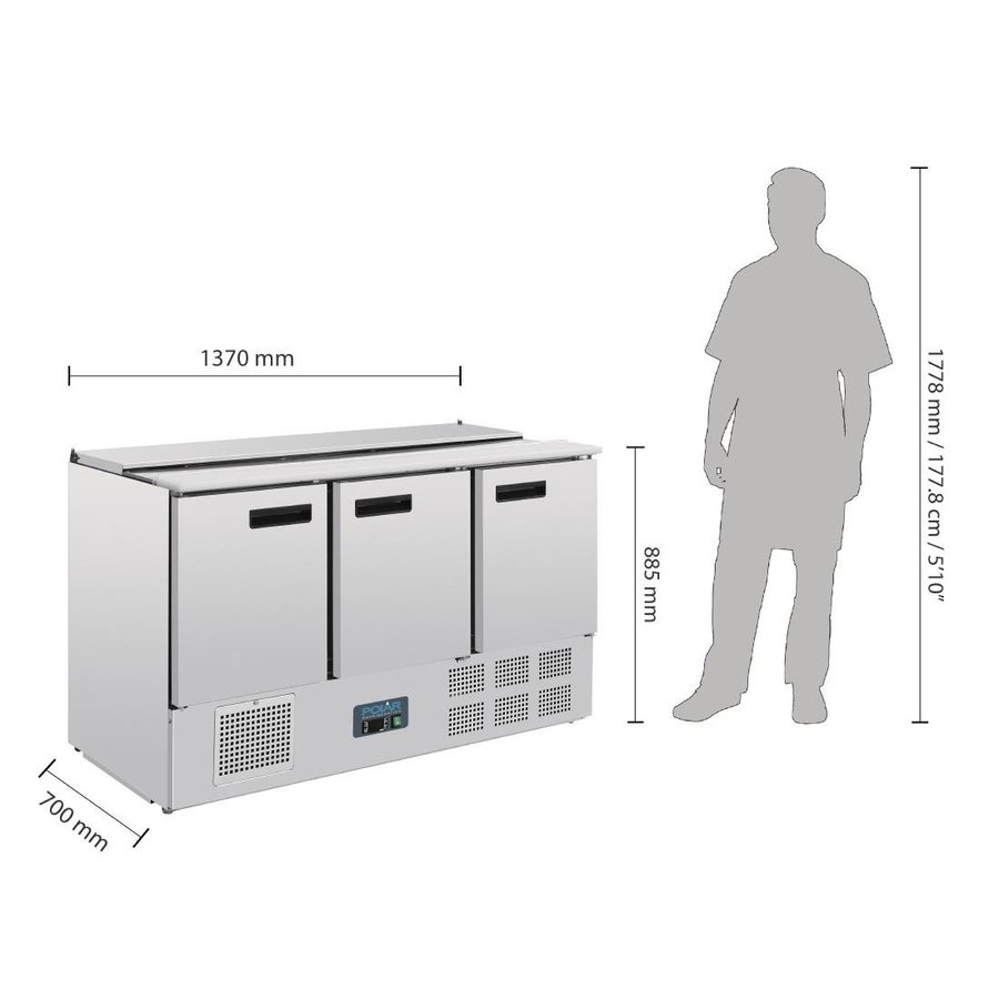 Refrigerated saladette 3 doors | stainless steel | 368L| 88.5(h)x137x70 cm