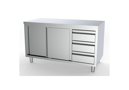  HorecaTraders Work table with 3 drawers and sliding doors | 8 sizes | Drawers on the right 