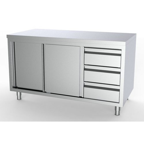  HorecaTraders Work table with 3 drawers and sliding doors| 8 formats | Drawers right 