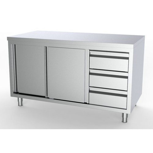  HorecaTraders Work table with 3 drawers and sliding doors | 8 sizes | Drawers on the right 