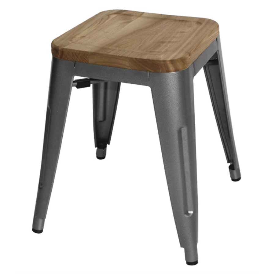 Bistro Kruk | Grijs Staal met Houten Zitting | 45.5(h)x40.5x40.5cm