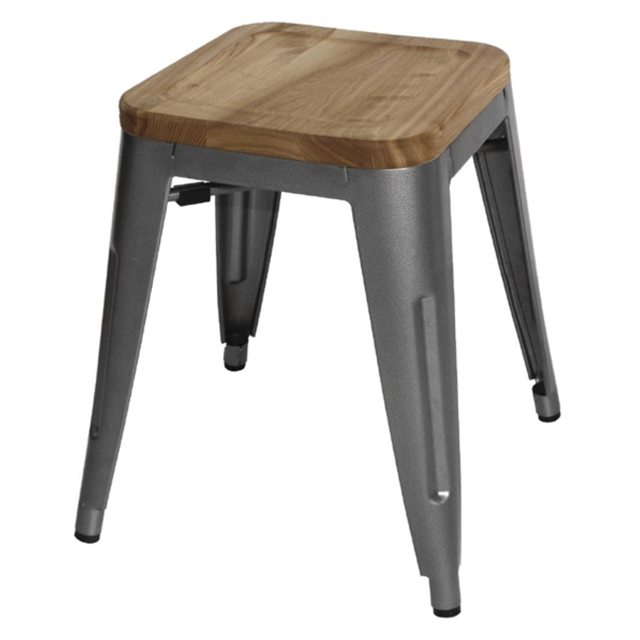 Bistro Stool | Gray Steel with Wooden Seat | 45.5(h)x40.5x40.5cm