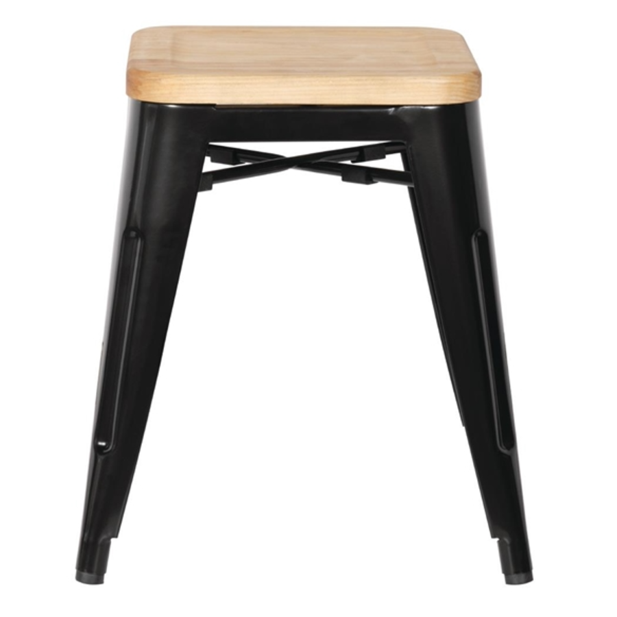 Tabouret de bistrot | Acier noir avec siège en bois | 45,5(h)x40,5x40,5cm