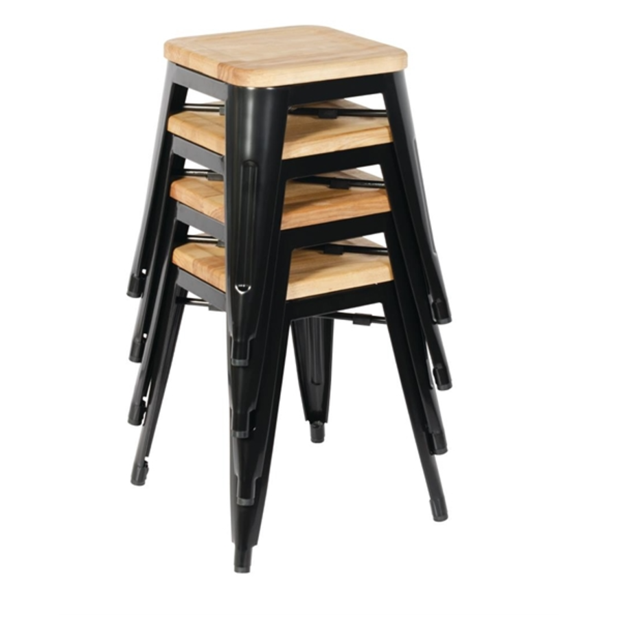 Tabouret de bistrot | Acier noir avec siège en bois | 45,5(h)x40,5x40,5cm