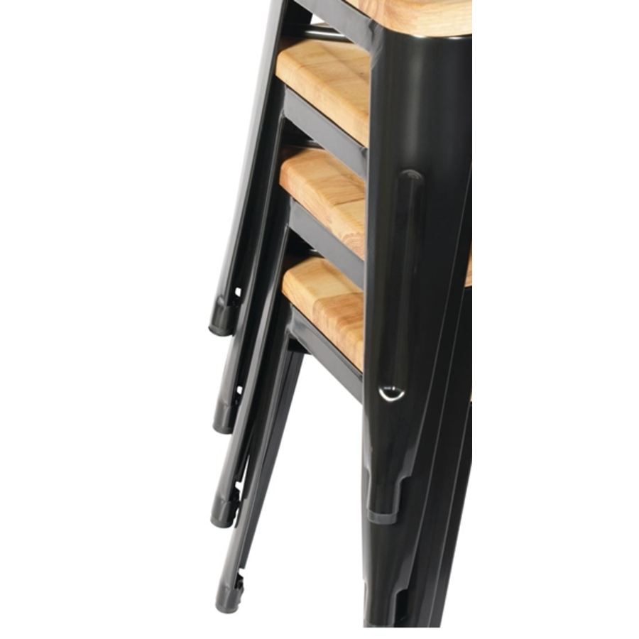 Tabouret de bistrot | Acier noir avec siège en bois | 45,5(h)x40,5x40,5cm