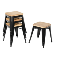 Tabouret de bistrot | Acier noir avec siège en bois | 45,5(h)x40,5x40,5cm