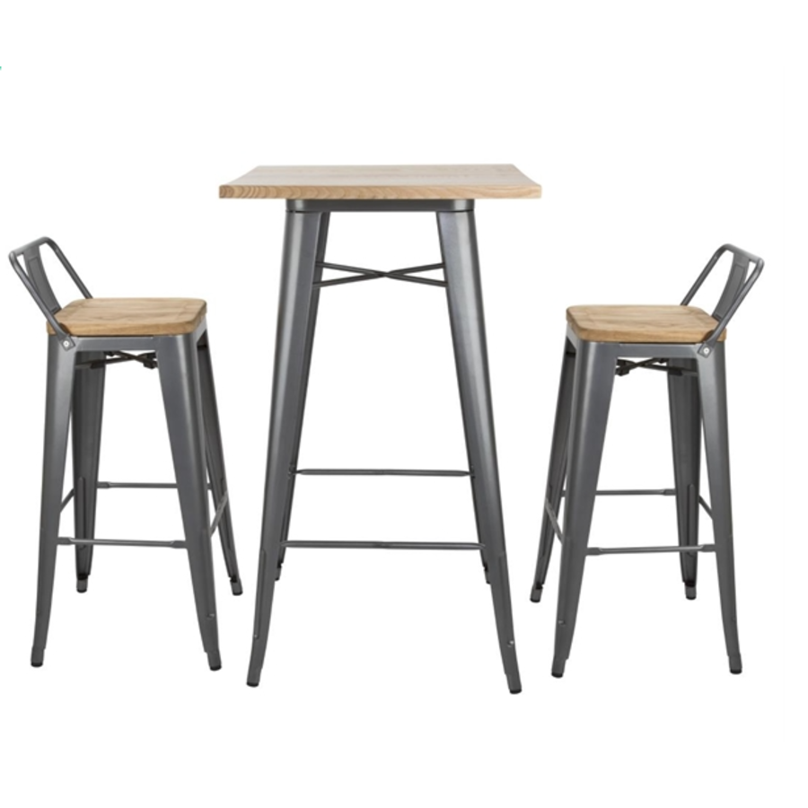 Table de bar de bistrot | Gris avec plateau en bois | 104(h)x60x60cm