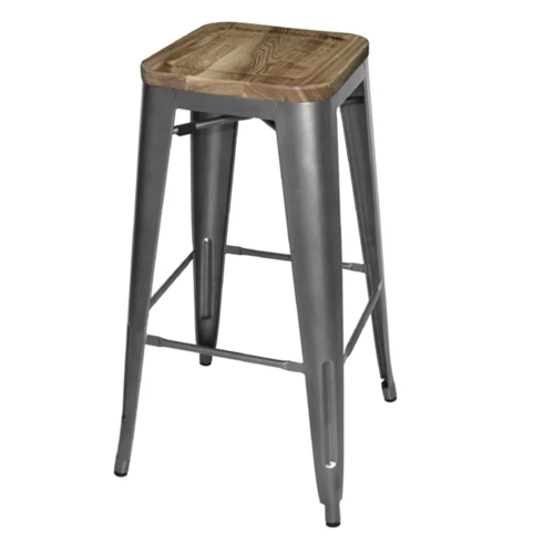  Bolero Steel Bar Stool with Wooden Seat | Grey | 77(h)x43x43 