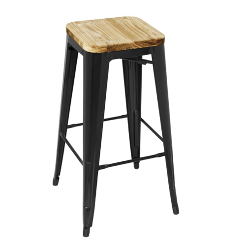  Bolero Tabouret de bar en acier avec siège en bois | Noir | 77(h)x43x43cm 