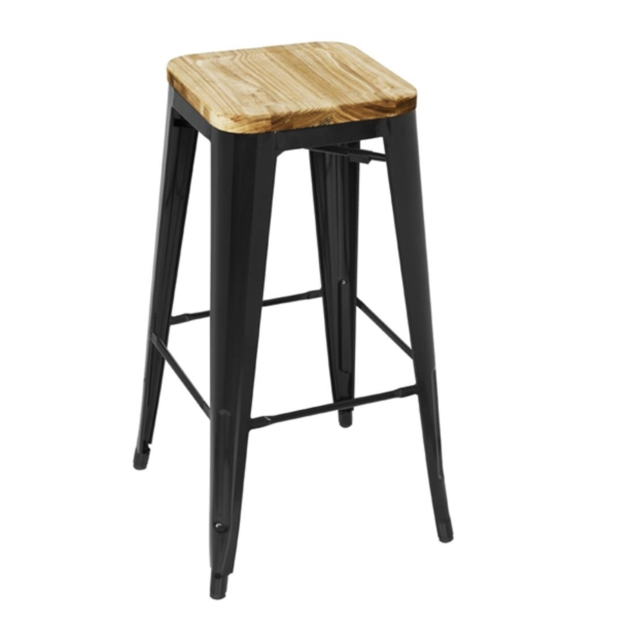 Steel Bar Stool with Wooden Seat | Black | 77(h)x43x43cm