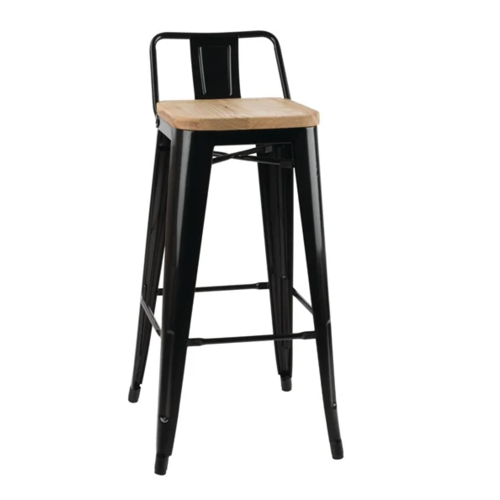  Bolero Bistro Bar Stool with Wooden Seat | Black | 90(h)x43x45cm 