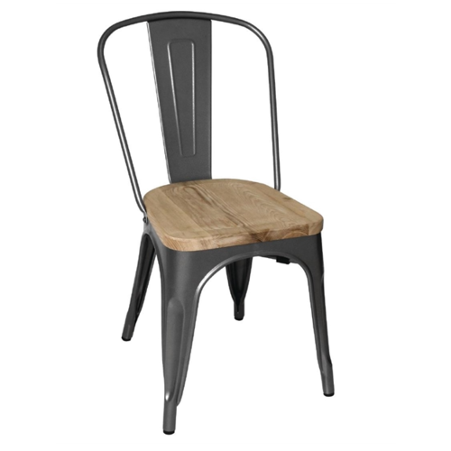  Bolero Chaise de bistrot en acier avec assise en bois | Gris | 85,5(h)x44,5x52cm 