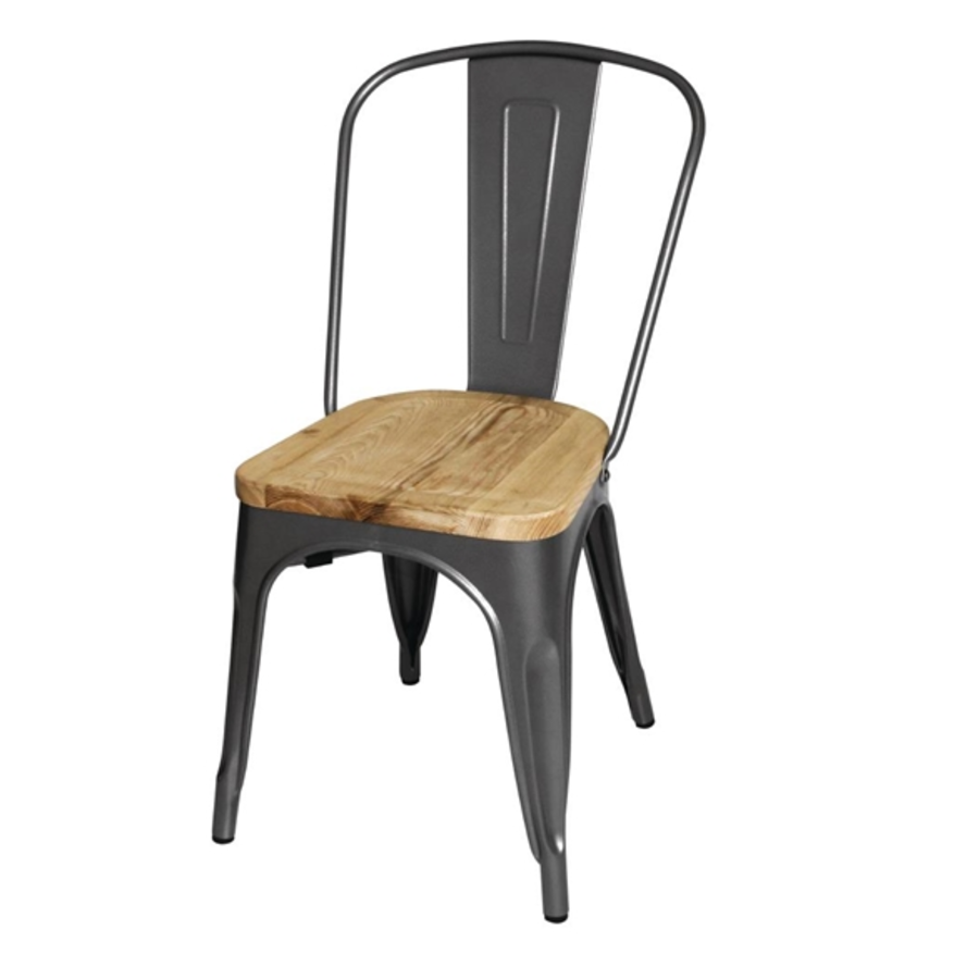 Bistro Steel Chair with Wooden Seat | Gray | 85.5(h)x44.5x52cm