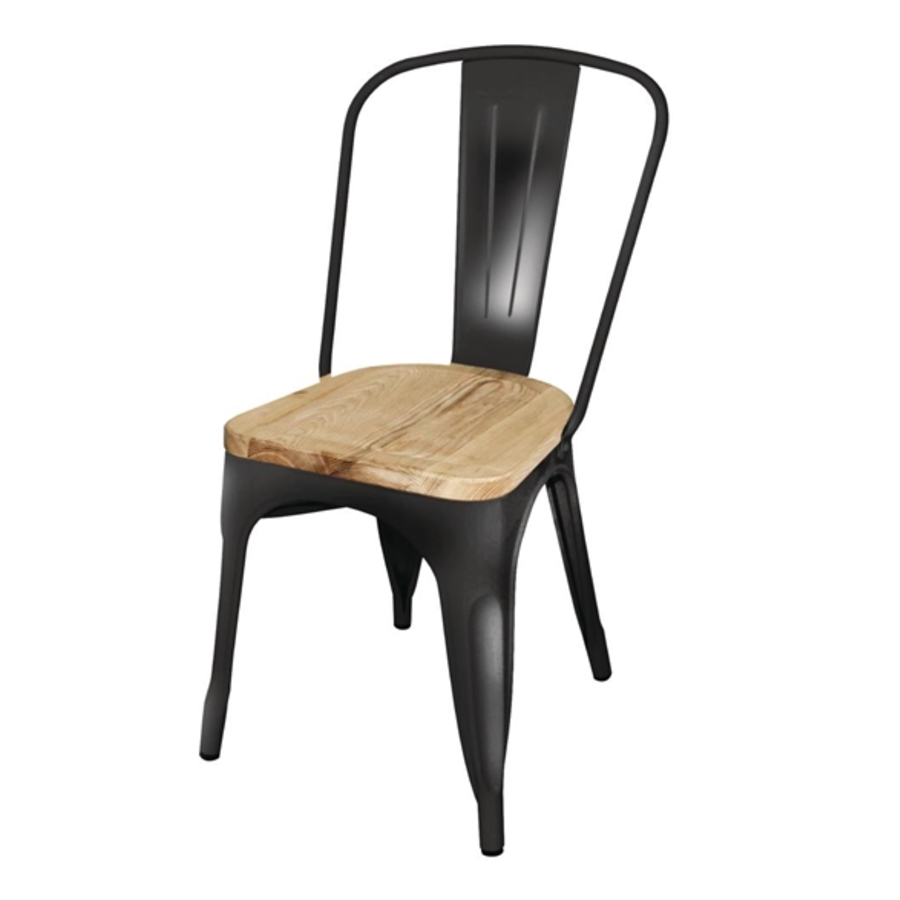 Bistro Steel Chair with Wooden Seat | Black | 85.5(h)x44.5x52cm