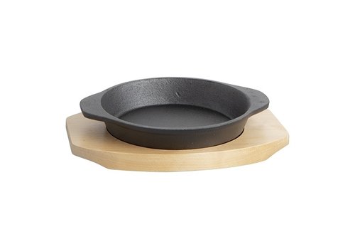  HorecaTraders Bistro Serving Pan Cast Iron | Ø14 cm | Wooden bottom plate 