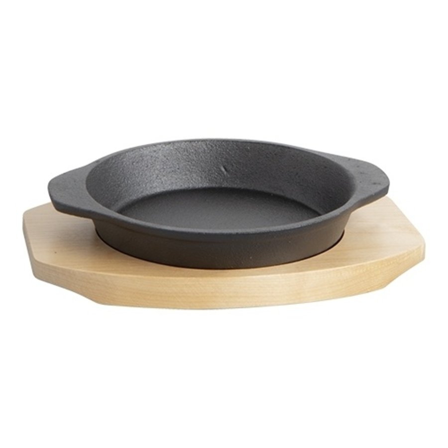 Bistro Servierpfanne aus Gusseisen | Ø14 cm | Holzunterbau