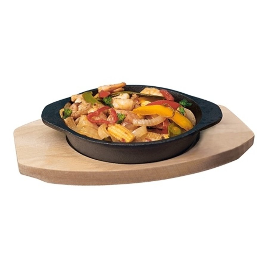 Bistro Servierpfanne aus Gusseisen | Ø14 cm | Holzunterbau
