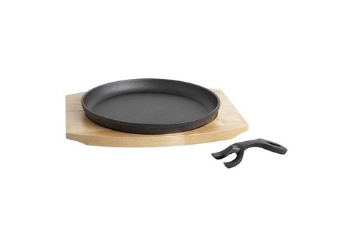  HorecaTraders Bistro Serving Pan | Cast iron | Ø22cm | Wooden bottom plate 