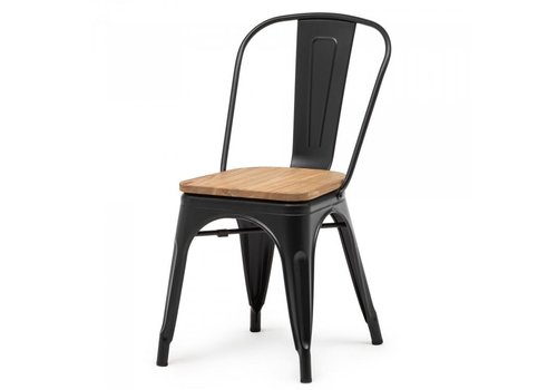  HorecaTraders Stackable chair Tolix | Steel with Wooden Seat | Black | 4 pieces 