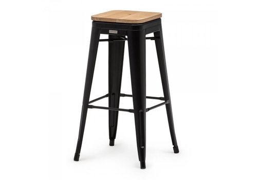  HorecaTraders Tabouret de bar empilable Tolix | Acier/Bois d'orme | Noir | 4 pièces 