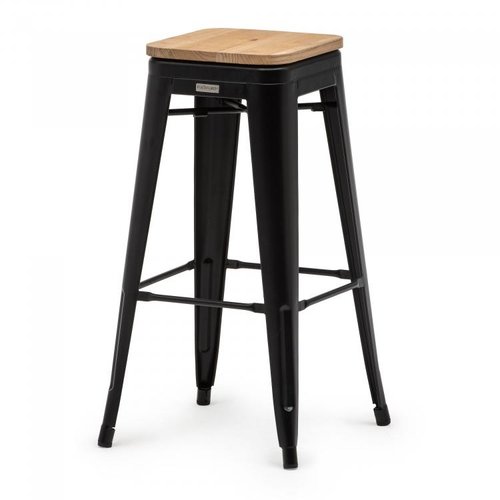  HorecaTraders Tabouret de bar empilable Tolix | Acier/Bois d'orme | Noir | 4 pièces 