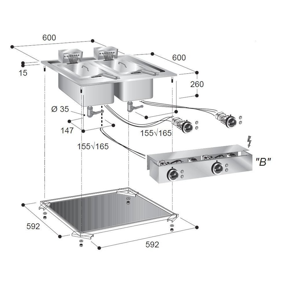Friteuse électrique double encastrable | 2x10 L | 400 V / 14,5 kW