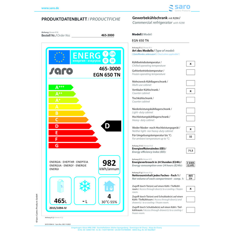 Réfrigérateur professionnel | EGN 650 TN | acier inoxydable | -2 / +8 °C | 740 x 830 x 2000