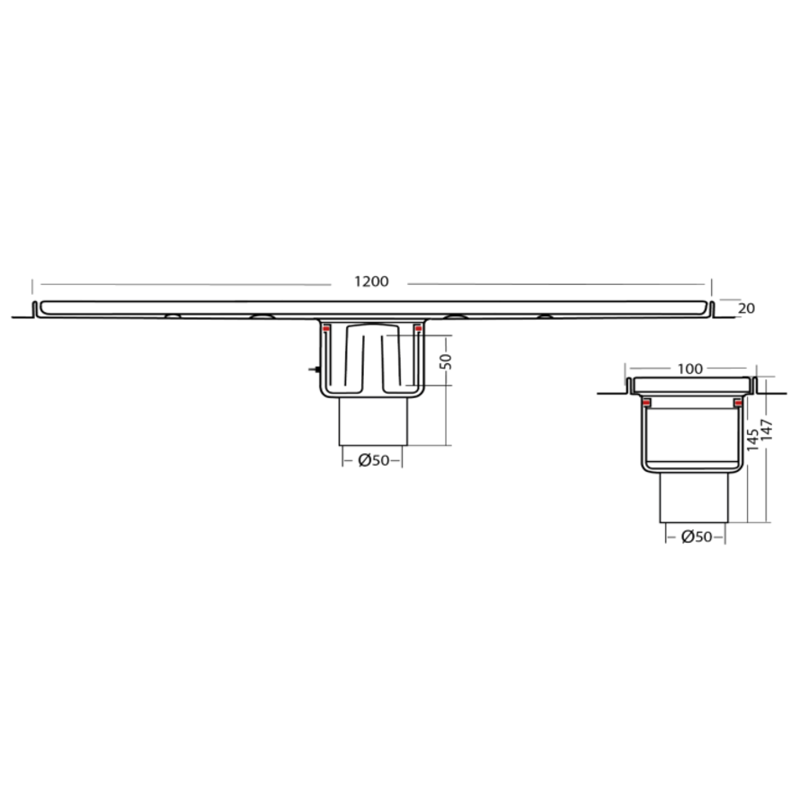 Douchegoot | RVS | Geborsteld | 1200 x 100 x 147 mm