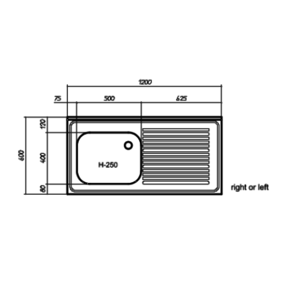 Sink top stainless steel | Sink right | 120x60x40 cm