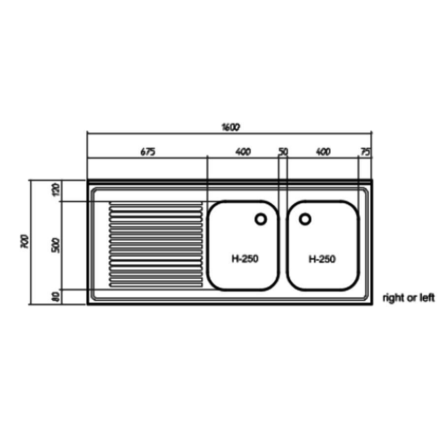 Sink top stainless steel | double sink | 160x70x40 cm