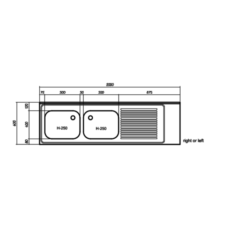 Stainless steel sink table top | double sink right | 200x60x40cm