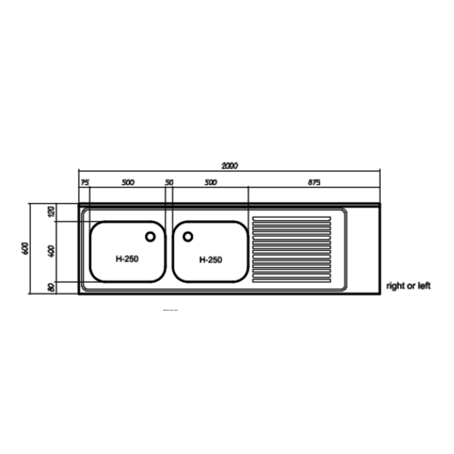 Sink top stainless steel | double sink left | 200x60x40 cm