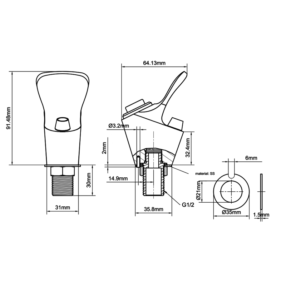 Sortie d'eau | Fermeture automatique | acier inoxydable | 68 x 97 mm