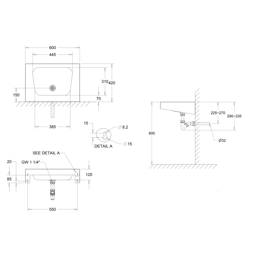 Lavabo mural | acier inoxydable | 600 x 420 x(h)152 mm | 2 modèles