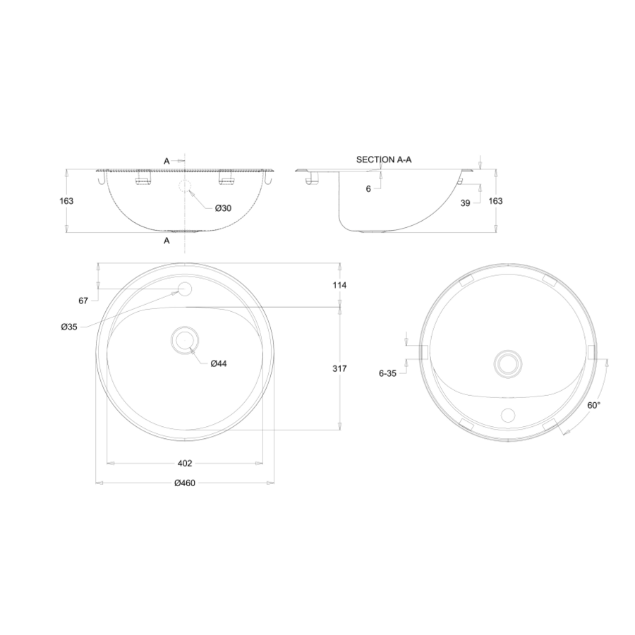 Inbouwwasbak | RVS | Ø460 | 404 x 319 x 160 mm | 2 Modellen