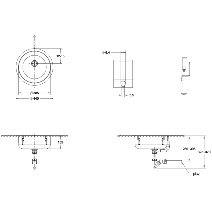 Inbouwwasbak Clean | Rond | RVS | Ø440 x 155 mm