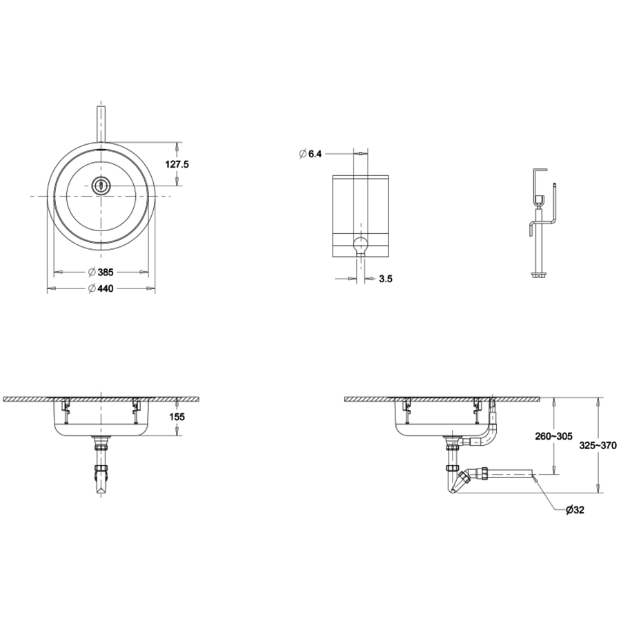 Lavabo encastré Clean | rond | acier inoxydable | Ø440 x 155 mm